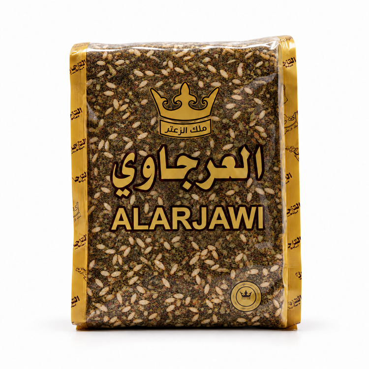 Al Arjawi za’atar pouch with visible whole sesame seeds on a clean white background